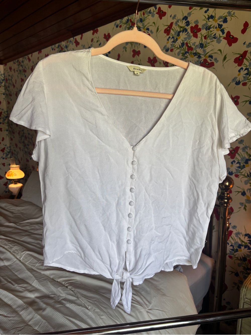 sim & sam women’s medium white tie front blouse flutter sleeve coastal